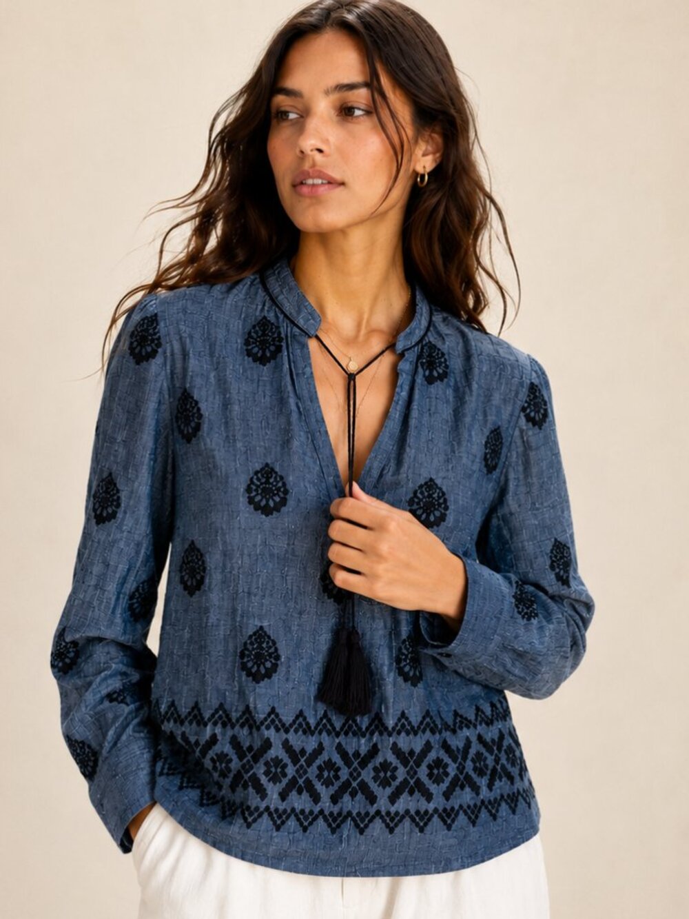Zara Blue Black Embroidered Tassel Tie Peasant Blouse Long Sleeve S NWT